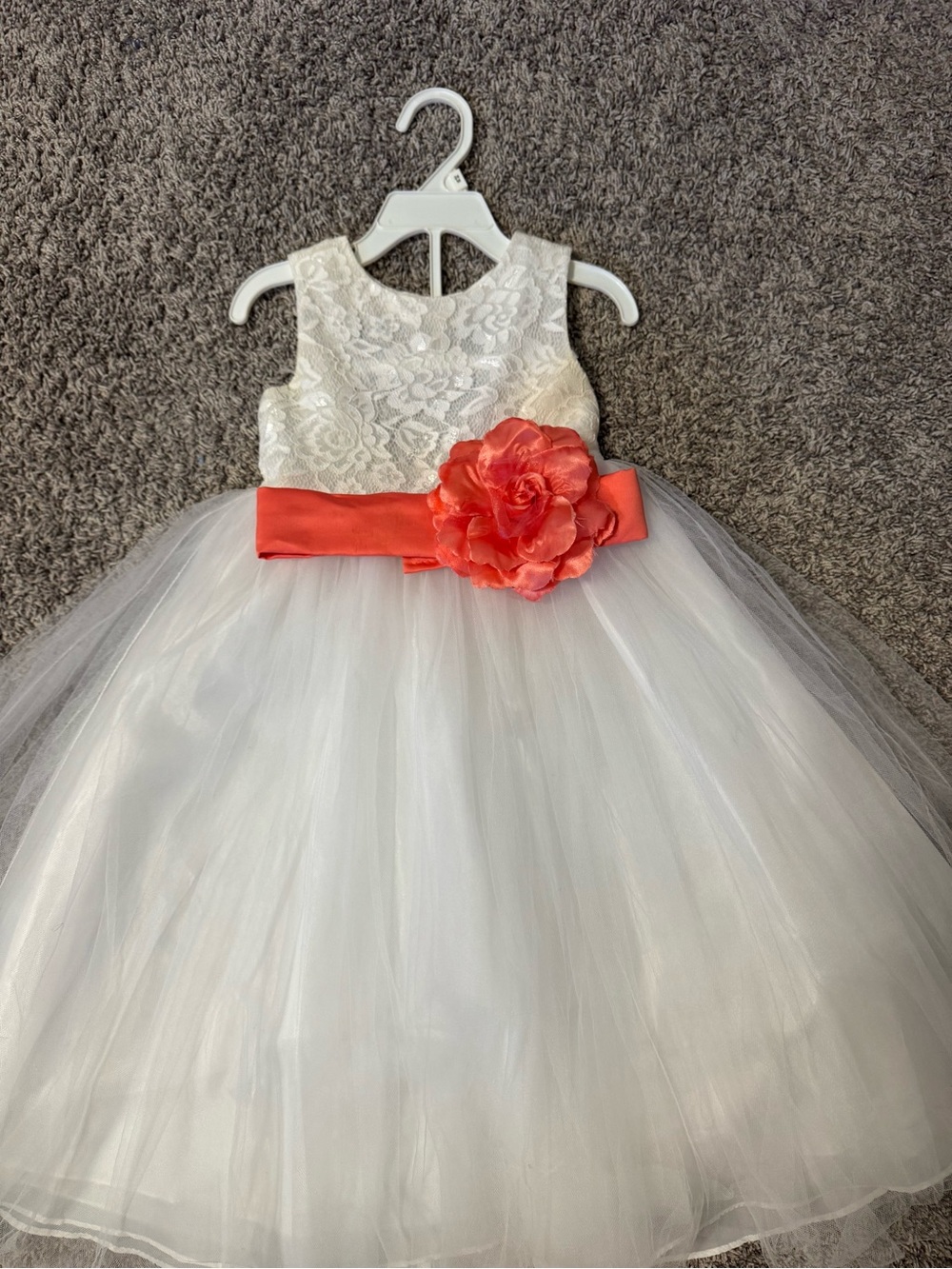 Ivory Lace Tulle Flower Girl Dress with Coral Sash
